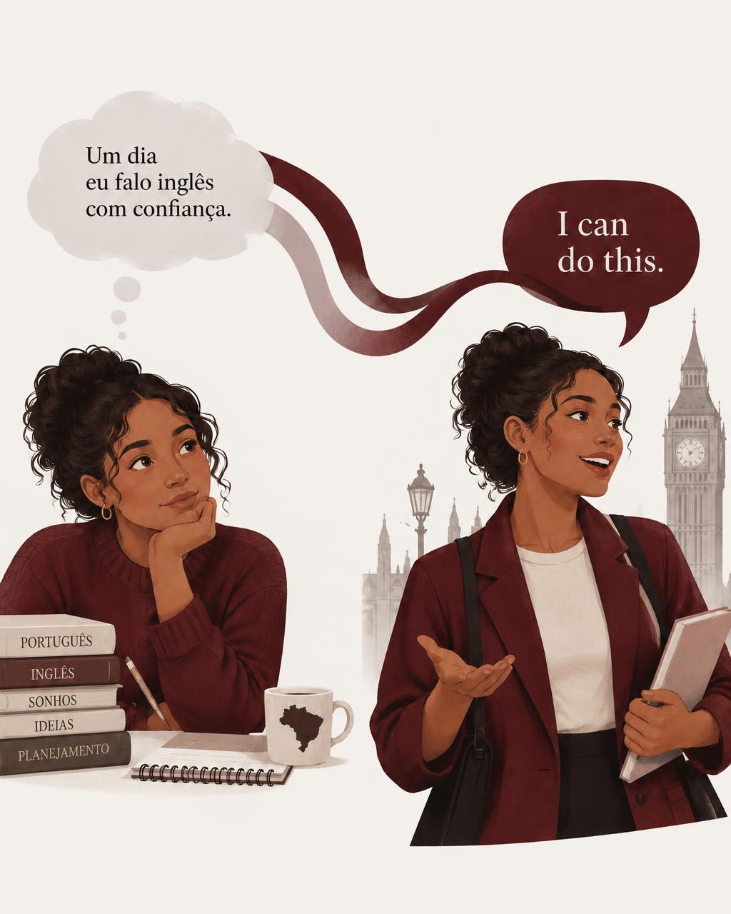 Aluna transformando um pensamento em português em uma frase em inglês